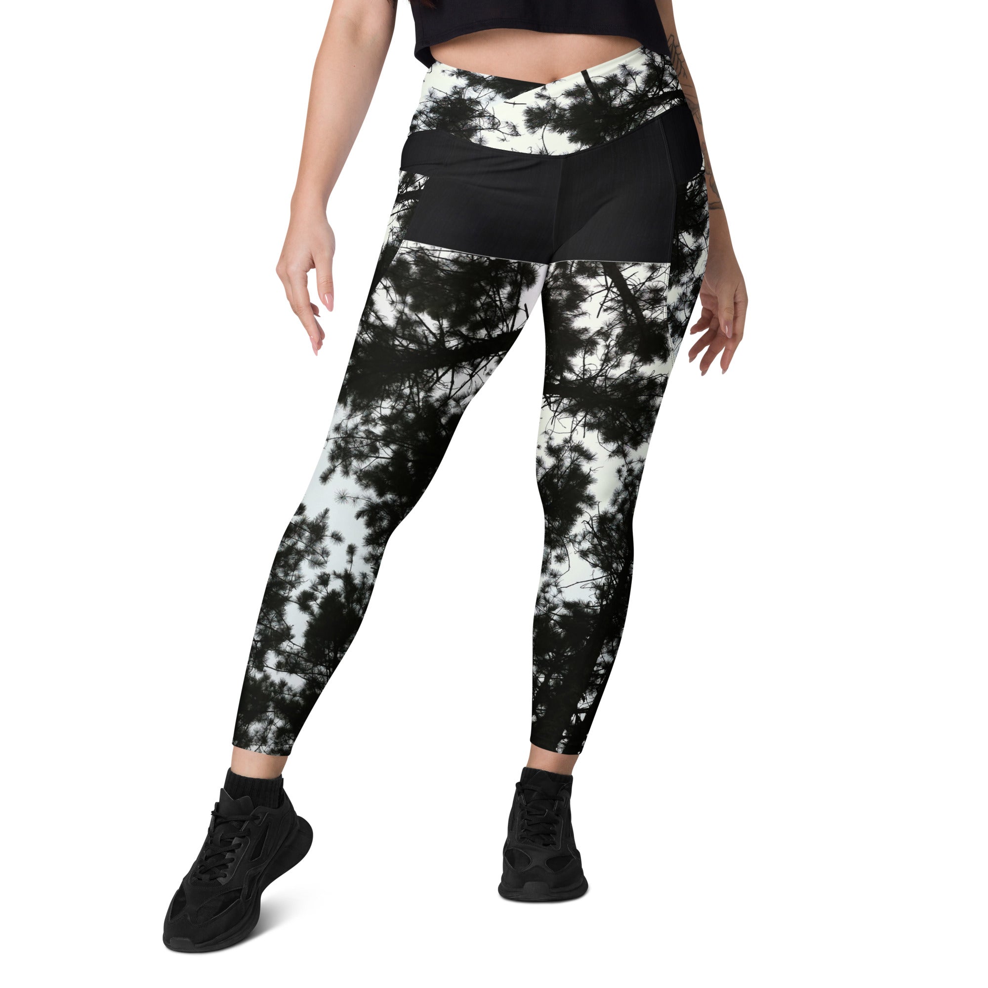 Workout or Dance Leggings with Pockets. Crossover Waist Yoga Pants- Black & White Leggings. WickedYo.